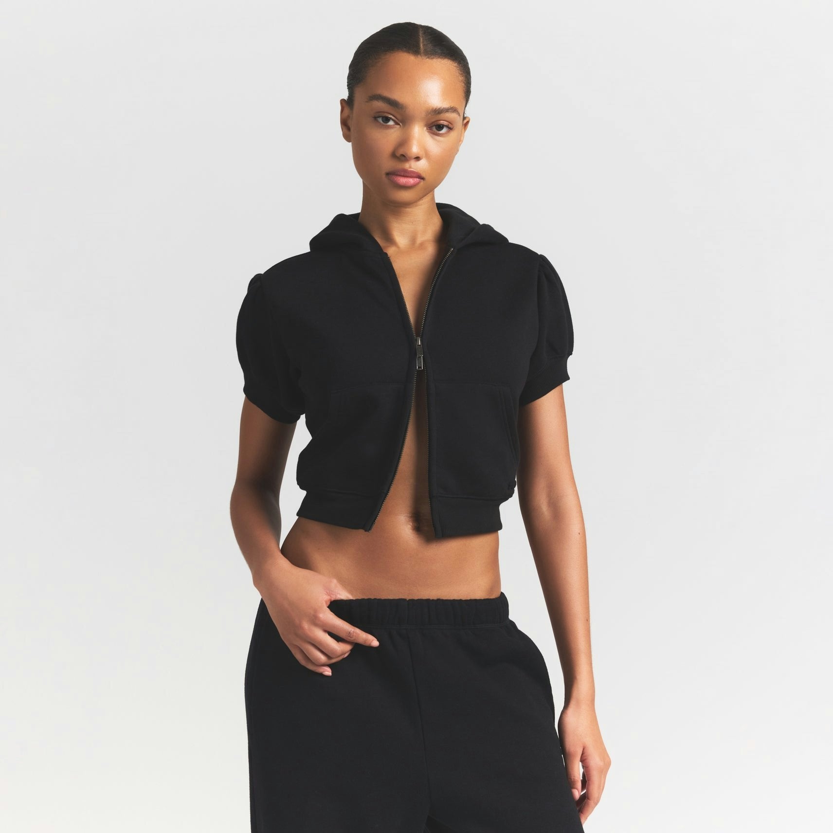 Skims Cotton Fleece Bubble Sleeve Cropped Zip Up Onyx