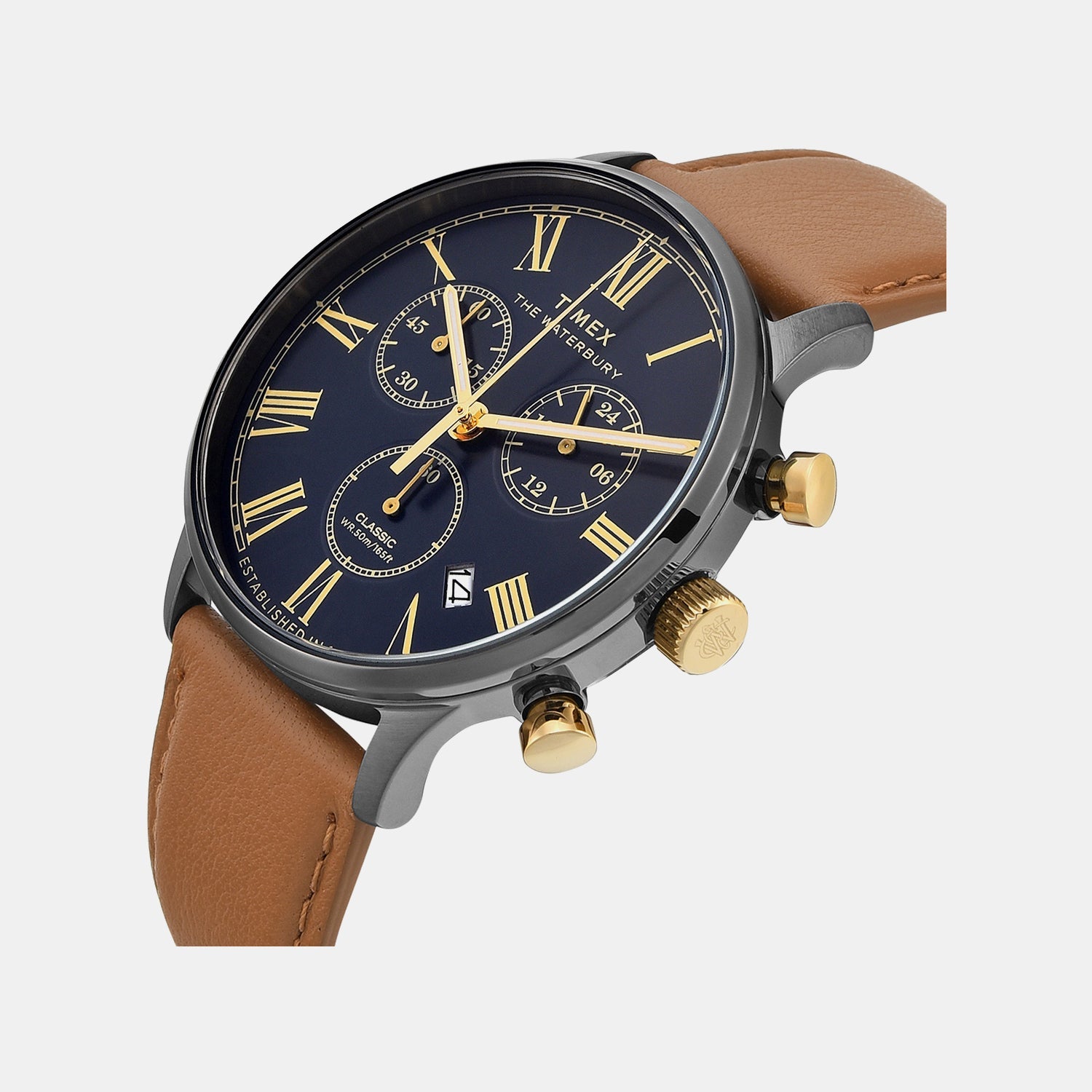 Timex Waterbury Men Quartz Blue Dial Chronograph Leather Watch Tweg26601