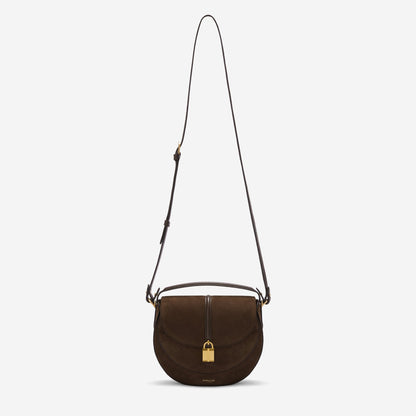 DeMellier The Siena Saddle mocha suede & mocha small grain