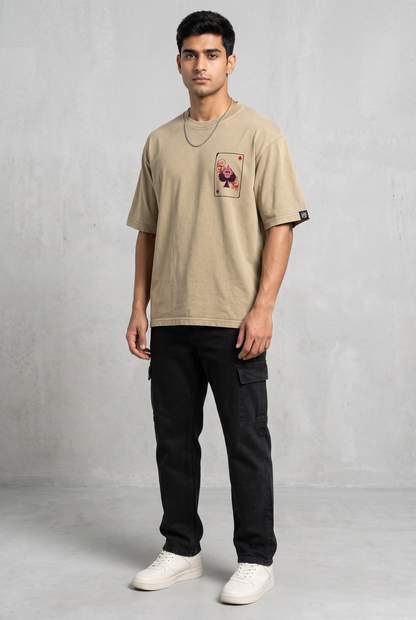 SPADE OF SECRETS BEIGE ACIDWASH MEN’S OVERSIZED T-SHIRT