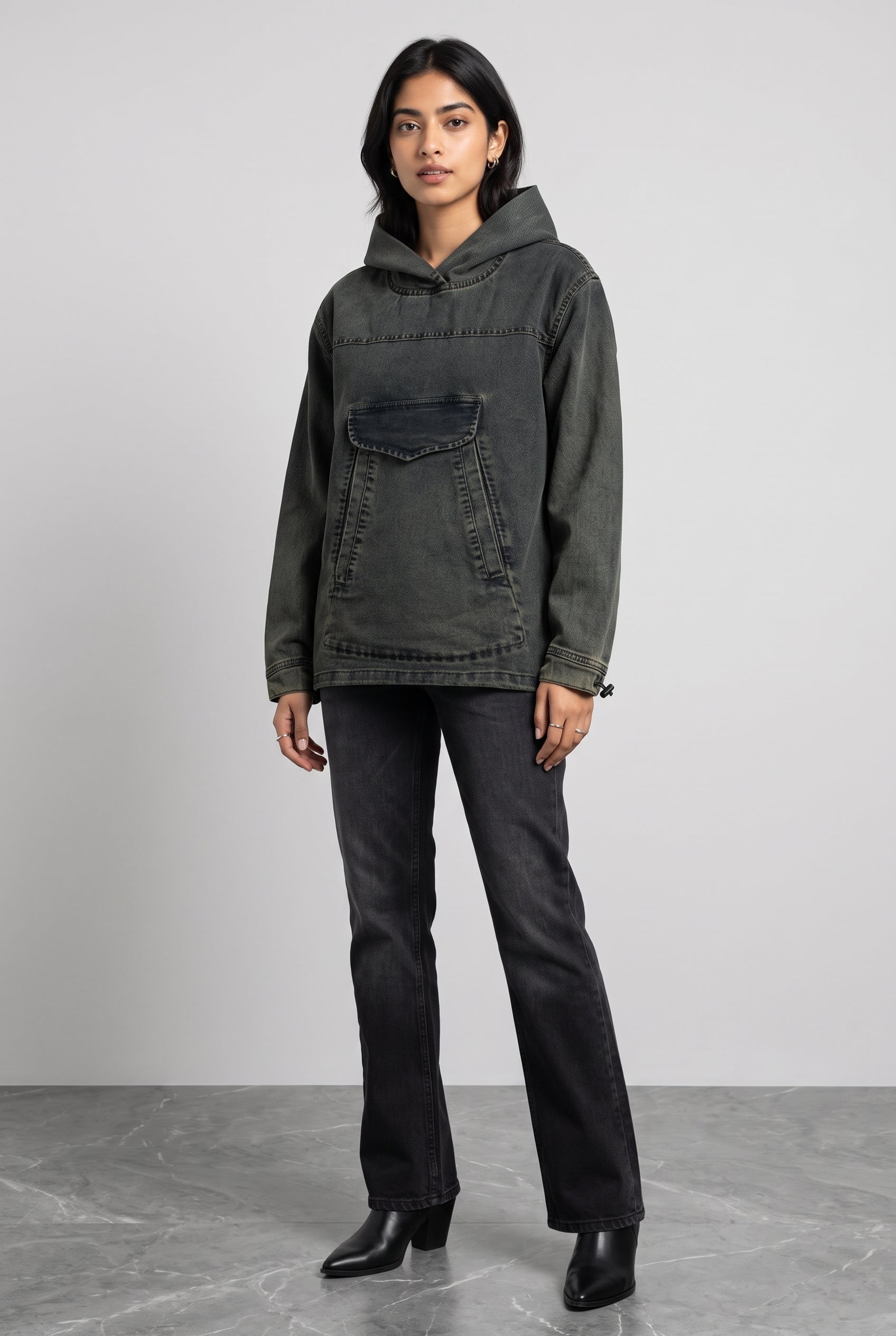 ACID WASH DENIM WOMEN'S HOODIE