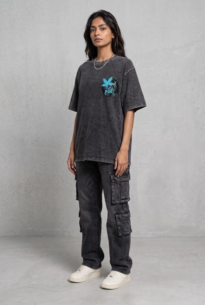 OWL VISION DARK GREY ACIDWASH WOMEN’S OVERSIZED T-SHIRT