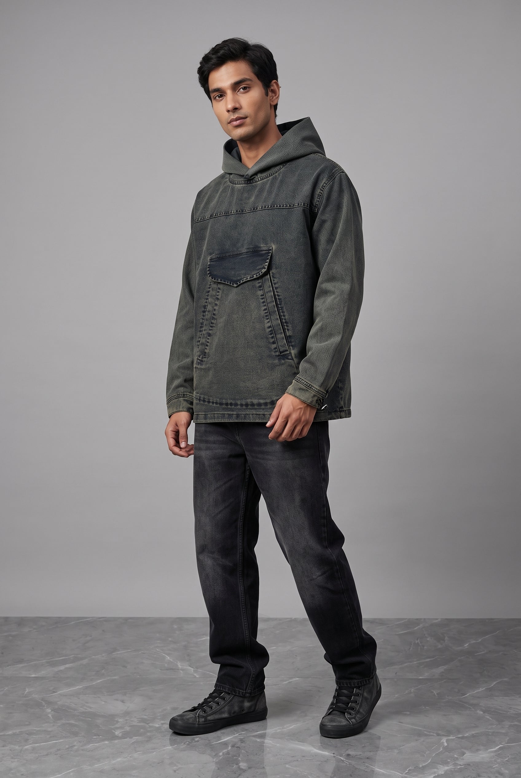 ACID WASH DENIM MEN'S HOODIE
