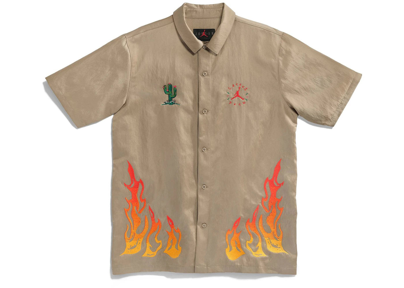 travis scott cactus jack x jordan button down shirt khaki/university red