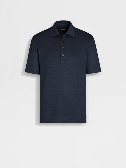 Zegna Navy Blue Linen Polo Shirt