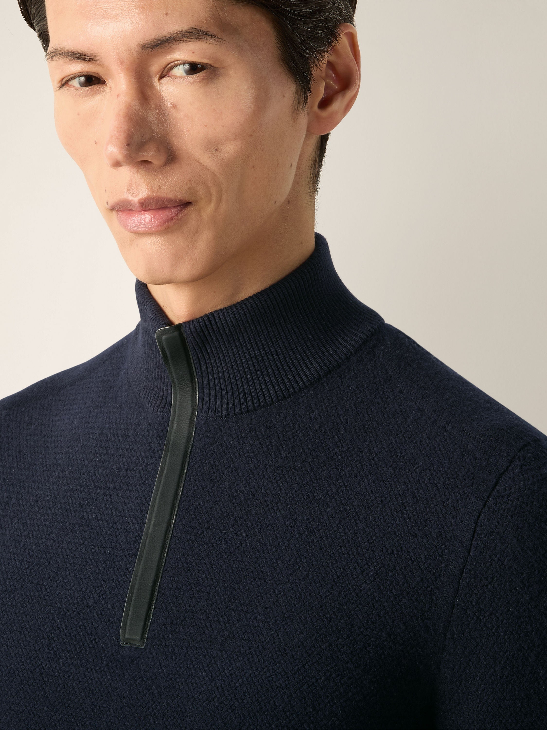 Zegna Navy Blue Vellus Aureum Zip Mock Neck Sweater