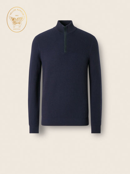 Zegna Navy Blue Vellus Aureum Zip Mock Neck Sweater