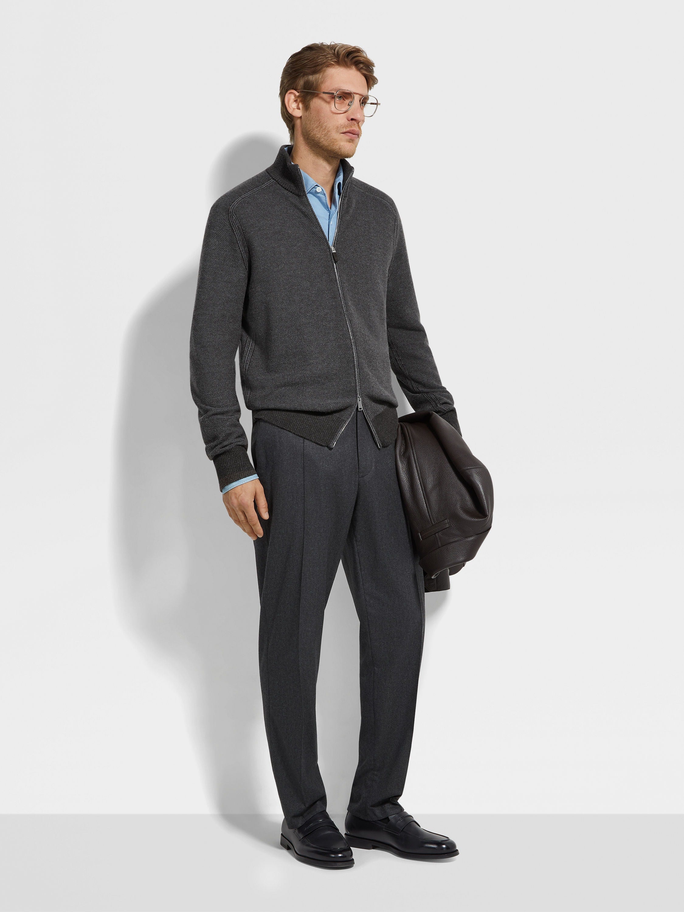 Zegna Grey And Dark Brown Cashseta Full Zip Cardigan