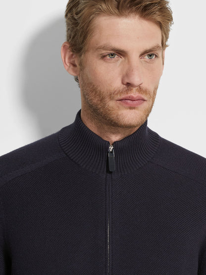Zegna Navy Blue Mlange Cashseta Full Zip Cardigan