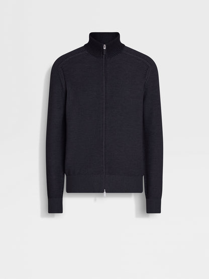 Zegna Navy Blue Mlange Cashseta Full Zip Cardigan
