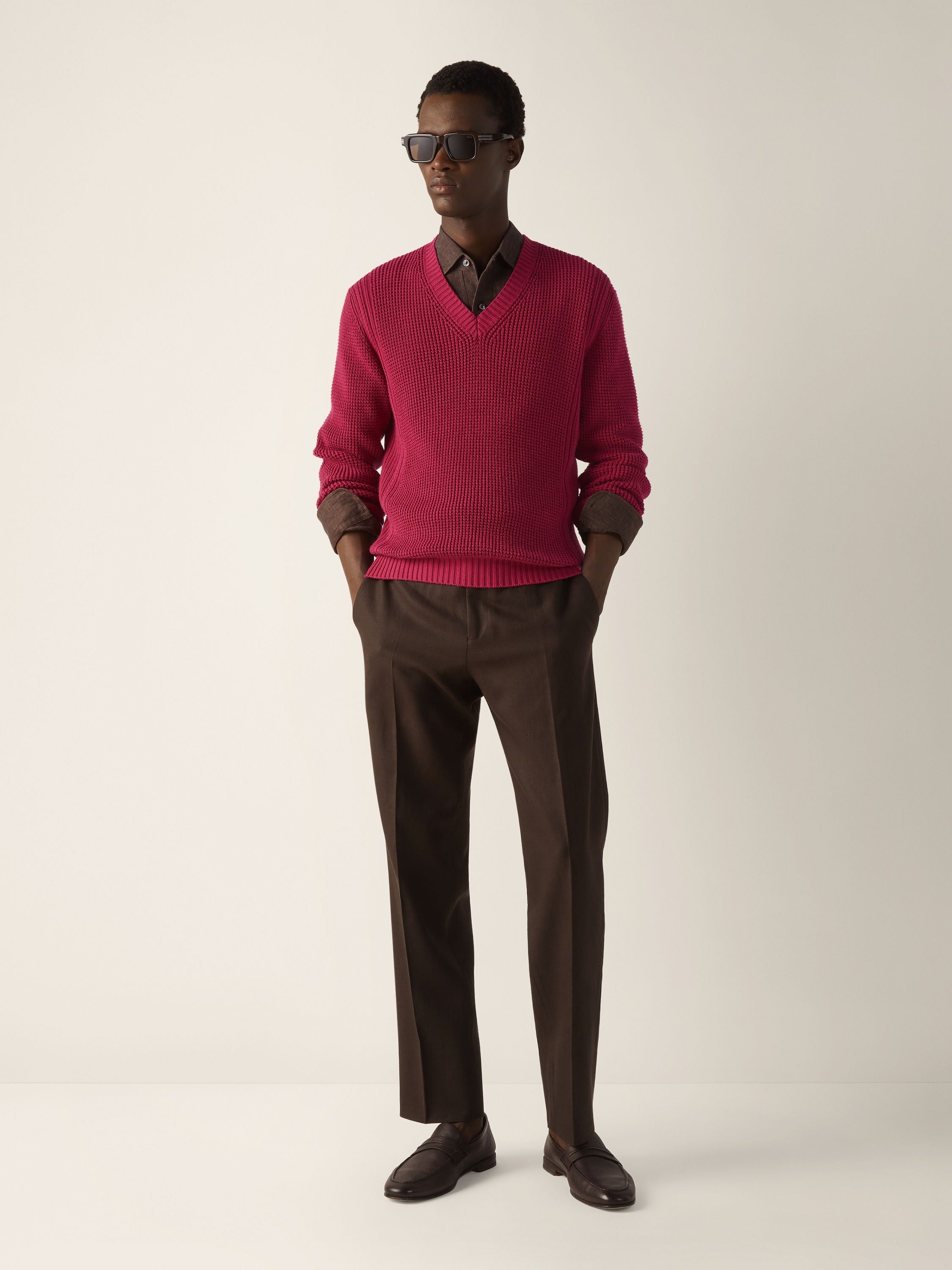 Zegna Dark Pink Cotton And Silk V-Neck