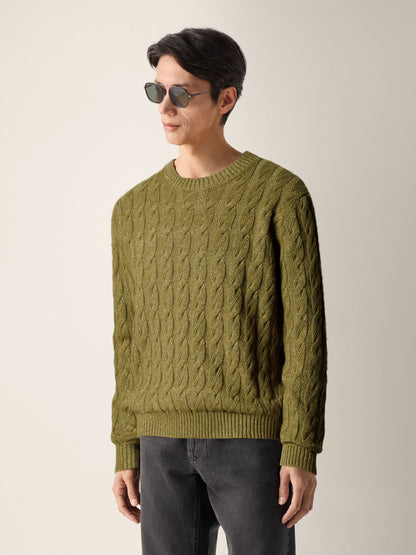 Zegna Olive Green Mlange Linen Cashmere And Silk Crewneck