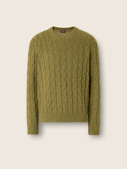 Zegna Olive Green Mlange Linen Cashmere And Silk Crewneck
