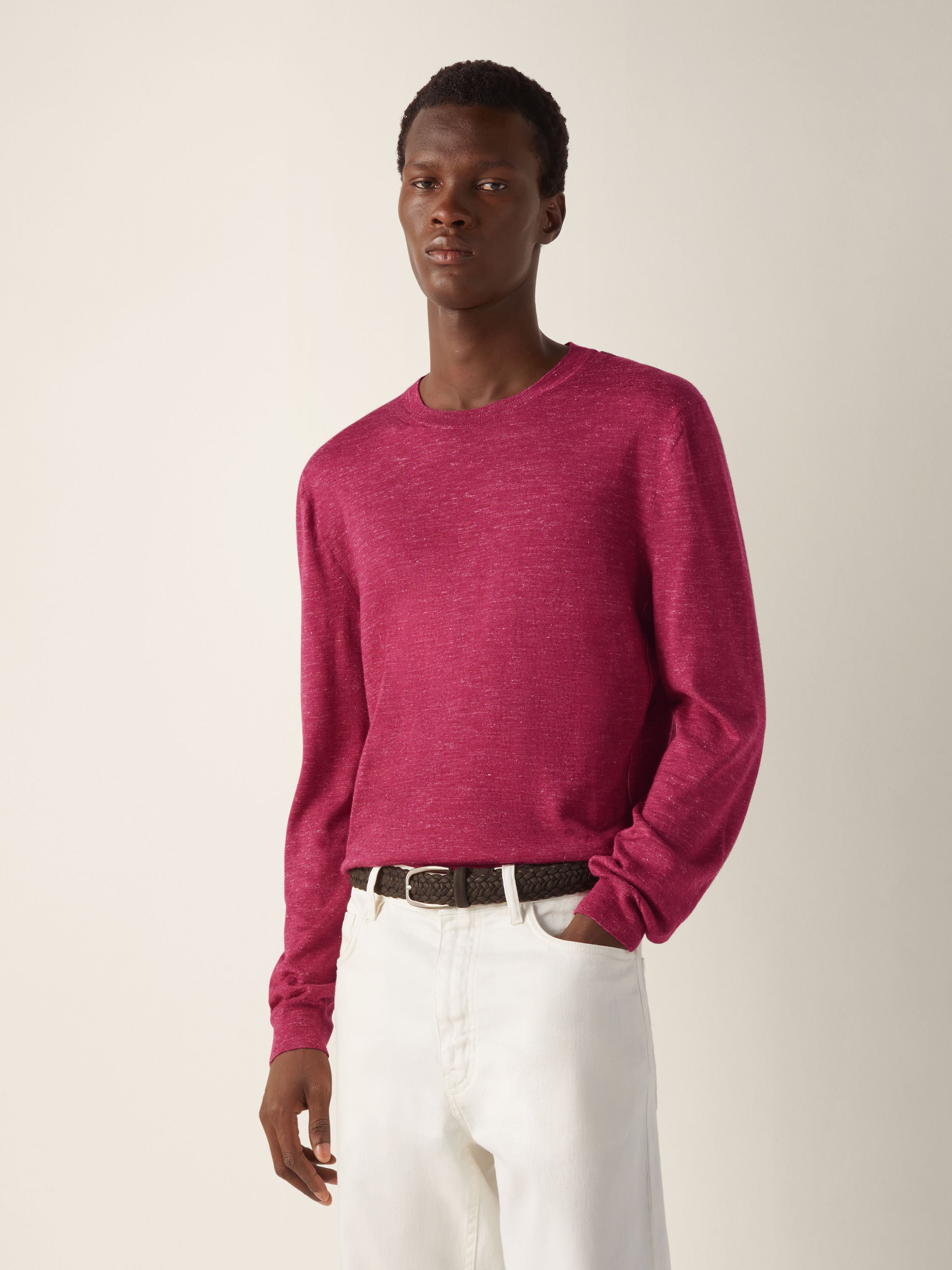 Zegna Dark Pink Mlange Silk Cashmere And Linen Crewneck