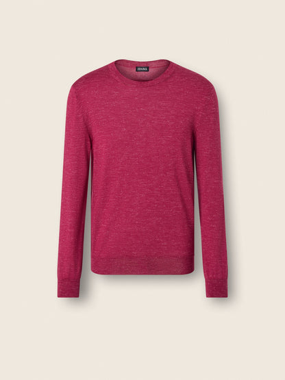 Zegna Dark Pink Mlange Silk Cashmere And Linen Crewneck