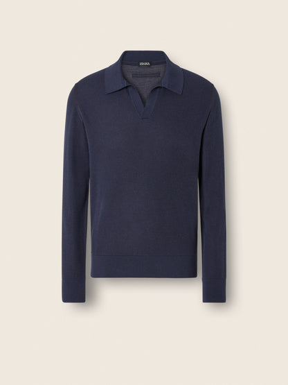 Zegna Dark Indigo Blue Cashmere And Silk Polo Shirt