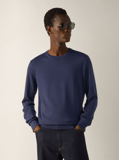 Zegna Dark Indigo Blue Mlange Cashseta Crewneck