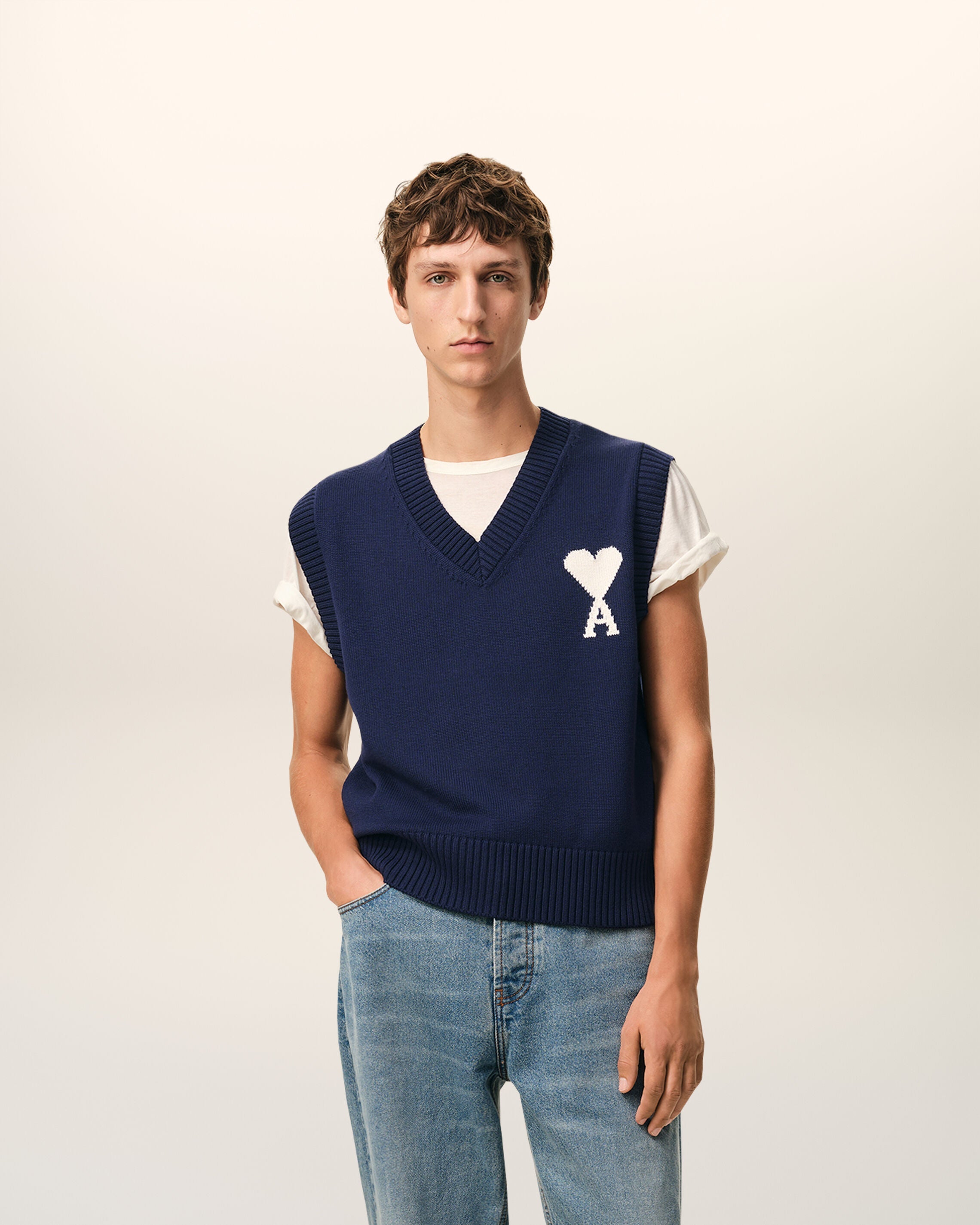 Blue Wool And Cotton Sleeveless Ami De Coeur Sweater