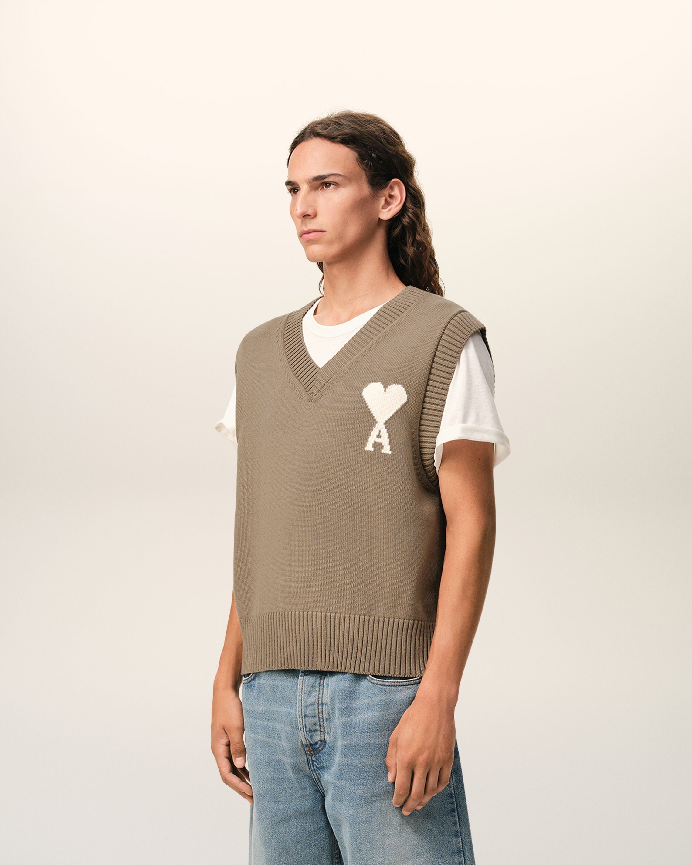 Beige Wool And Cotton Sleeveless Ami De Coeur Sweater