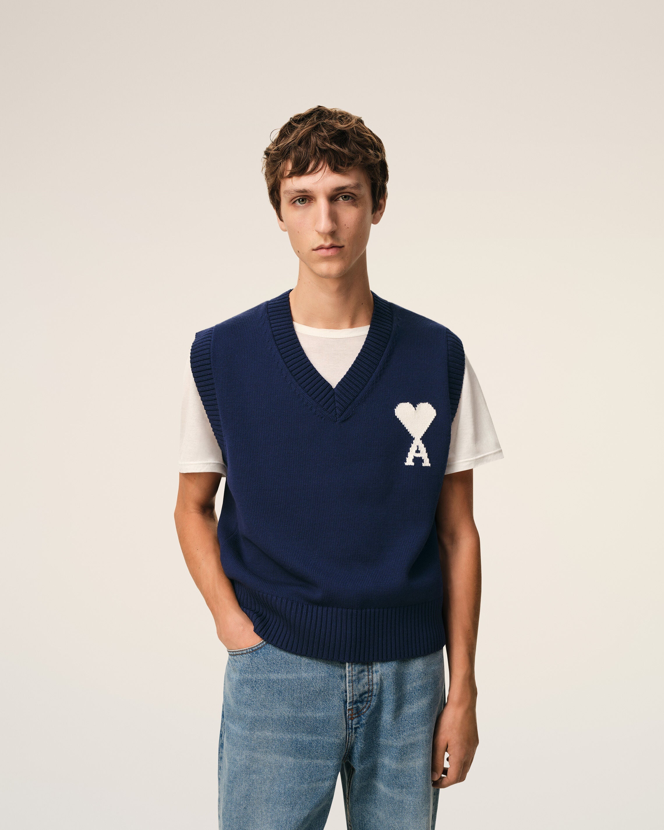 Blue Wool And Cotton Sleeveless Ami De Coeur Sweater