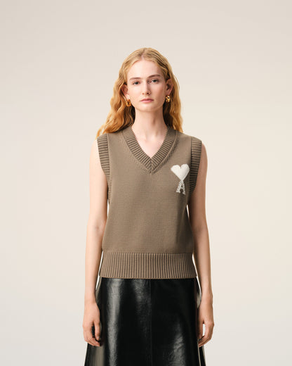 Beige Wool And Cotton Sleeveless Ami De Coeur Sweater