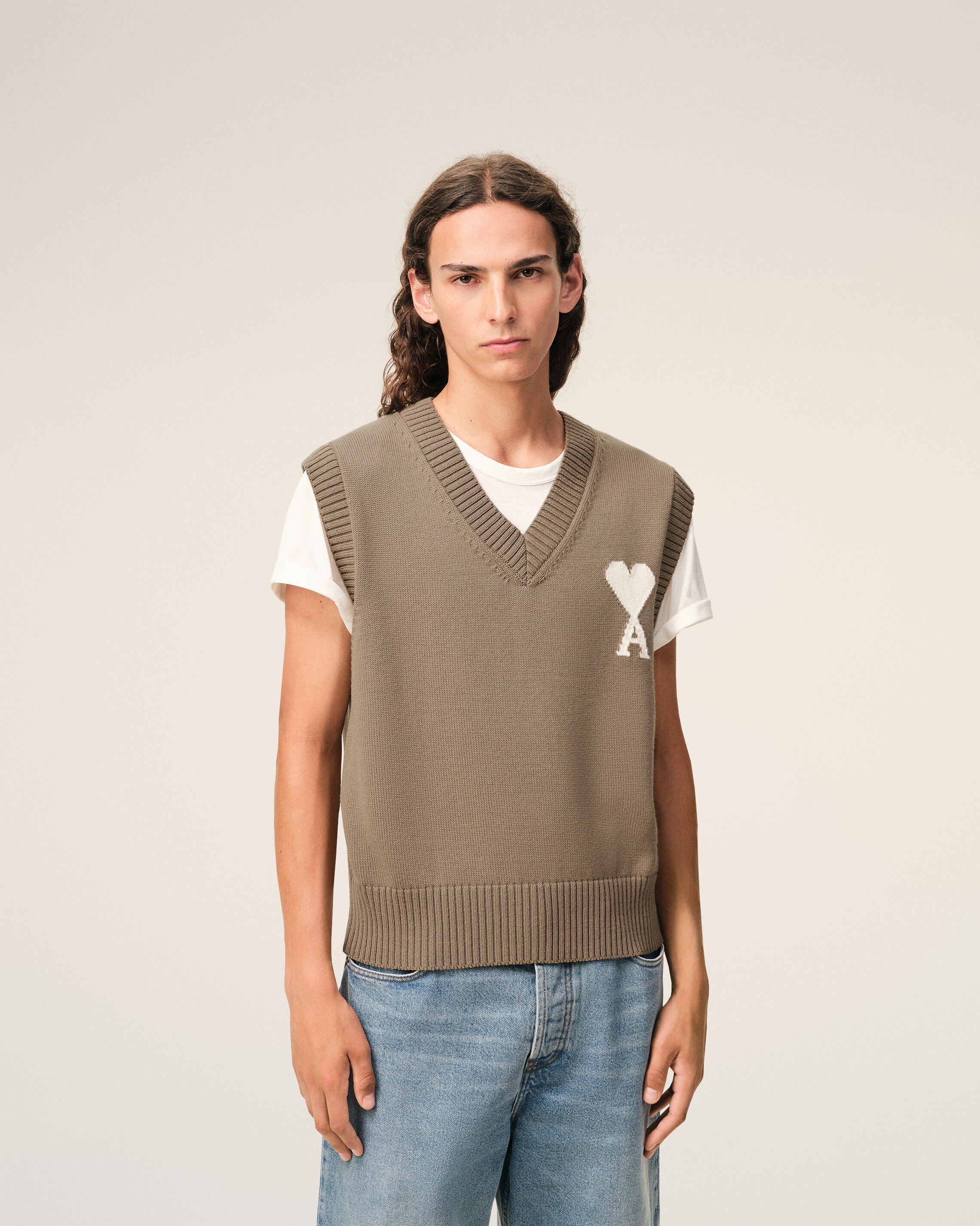 Beige Wool And Cotton Sleeveless Ami De Coeur Sweater