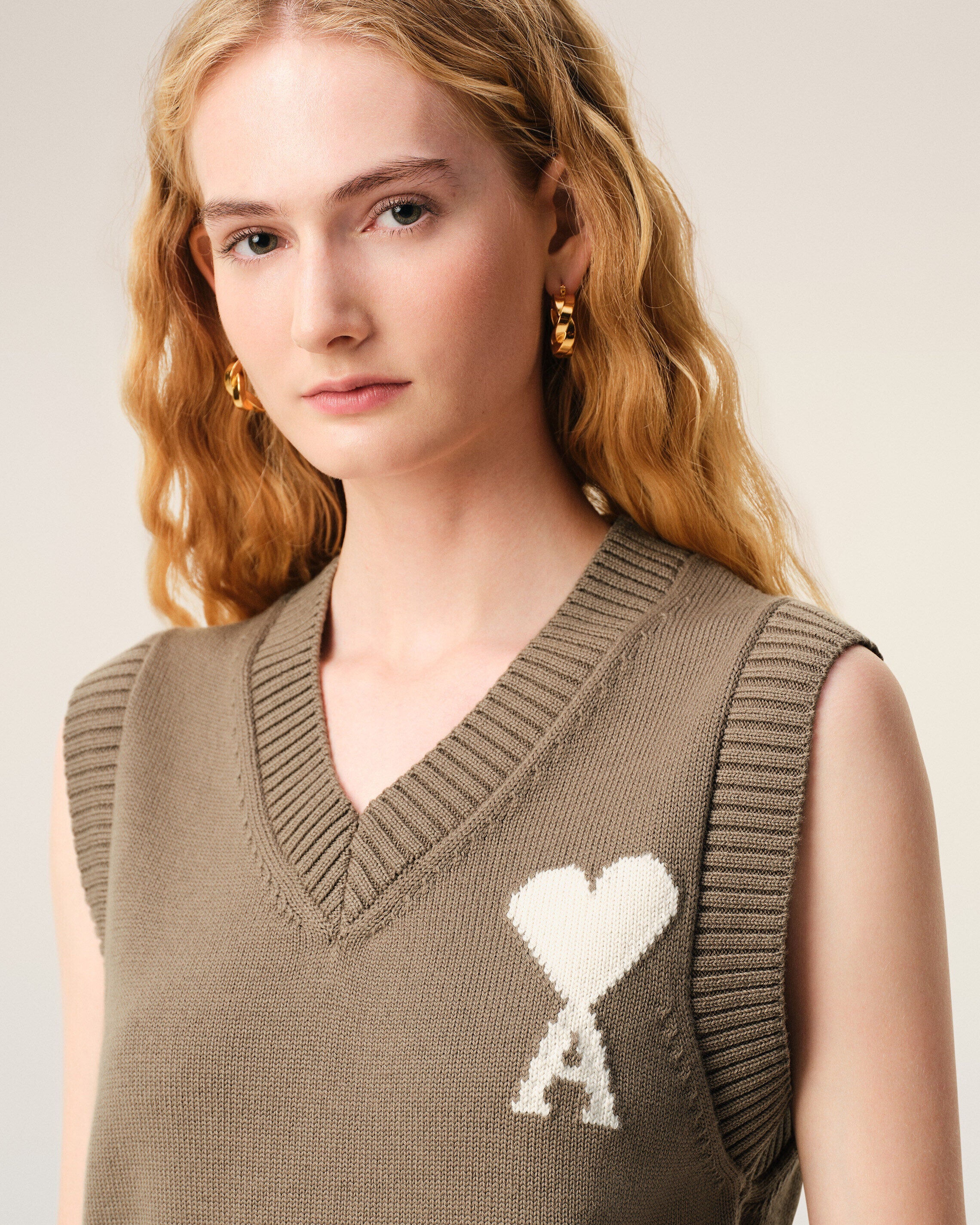Beige Wool And Cotton Sleeveless Ami De Coeur Sweater