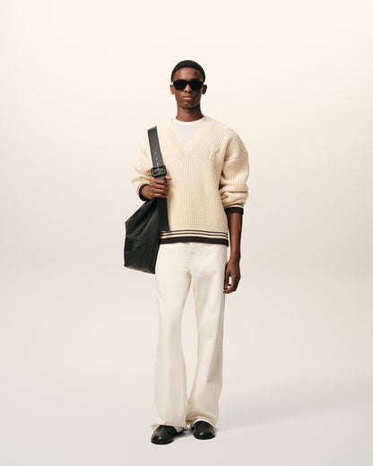 White Ribbed Wool V Neck Ami De Coeur Sweater