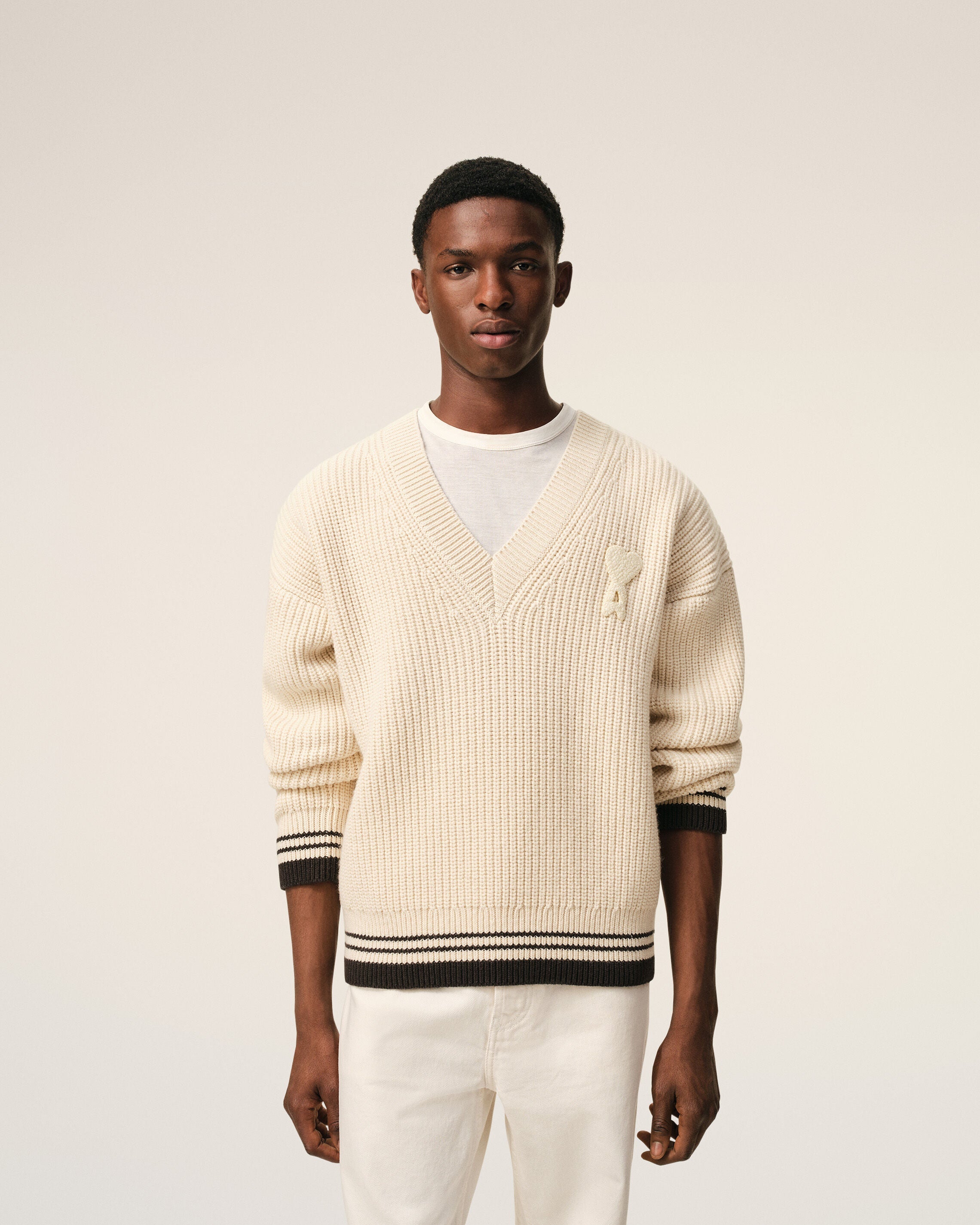 White Ribbed Wool V Neck Ami De Coeur Sweater