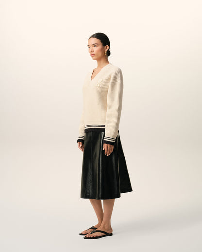 White Ribbed Wool V Neck Ami De Coeur Sweater