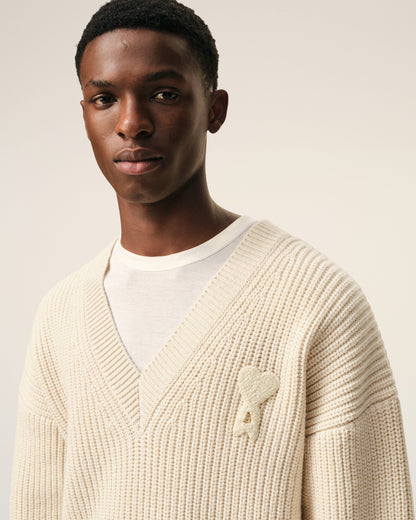 White Ribbed Wool V Neck Ami De Coeur Sweater