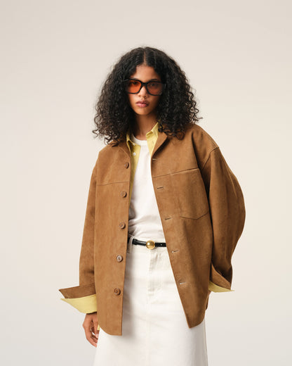 AmiParis Brown Goat Leather Buttoned Overshirt