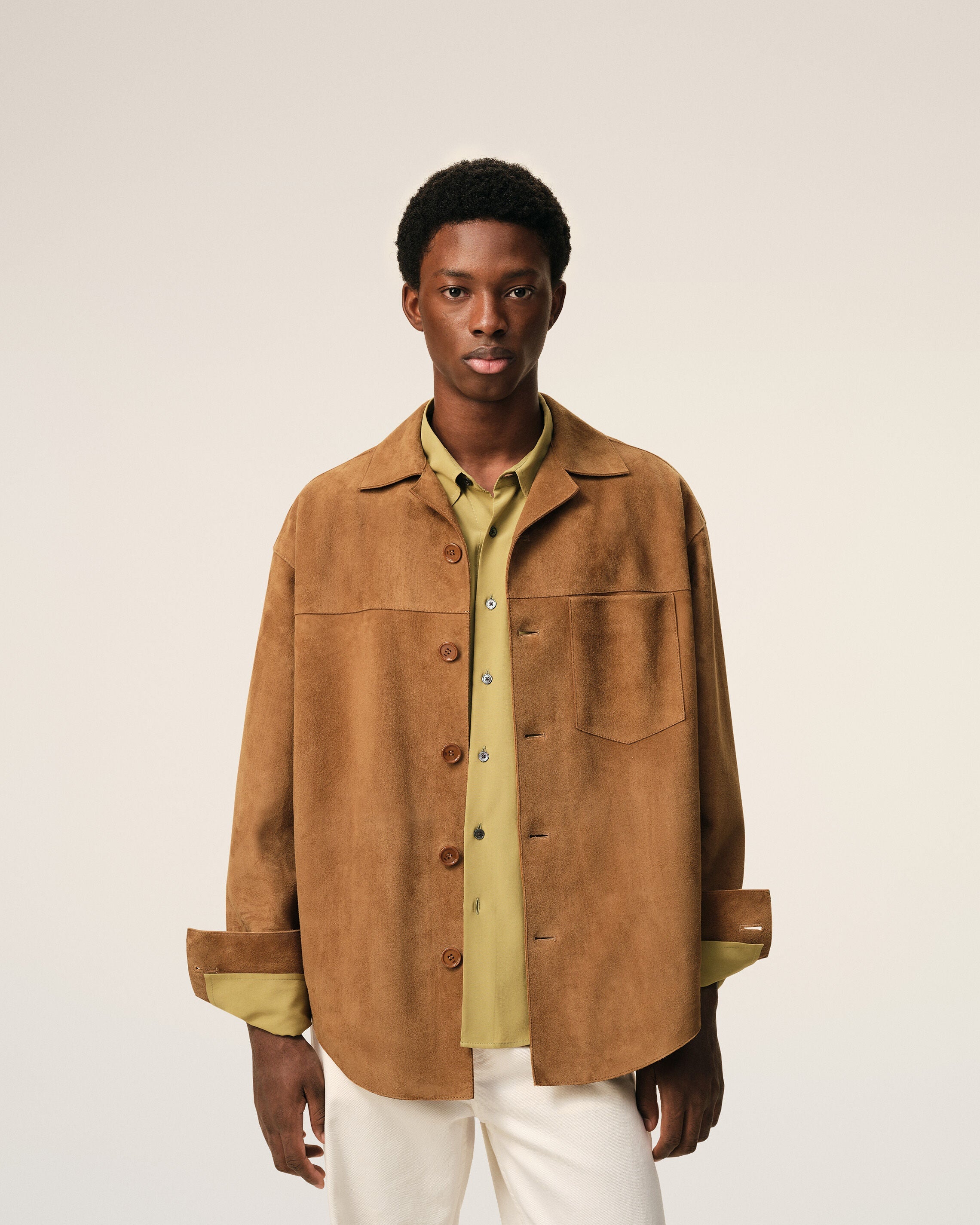 AmiParis Brown Goat Leather Buttoned Overshirt