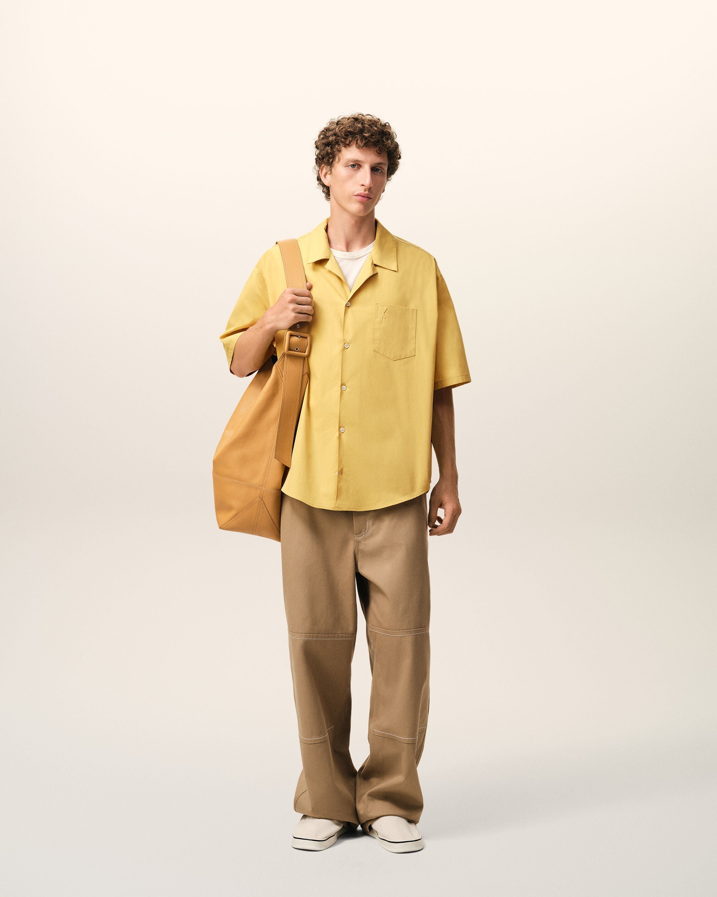 AmiParis Yellow Cotton Short Sleeve Camp Collar Boxy Shirt