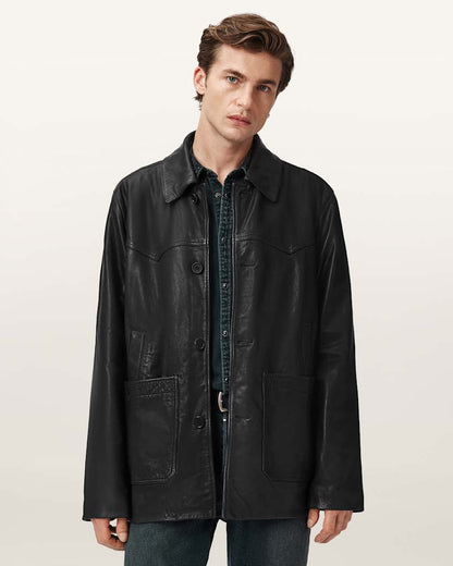 AllSaints Toulouse Single Breasted Leather Coat Black