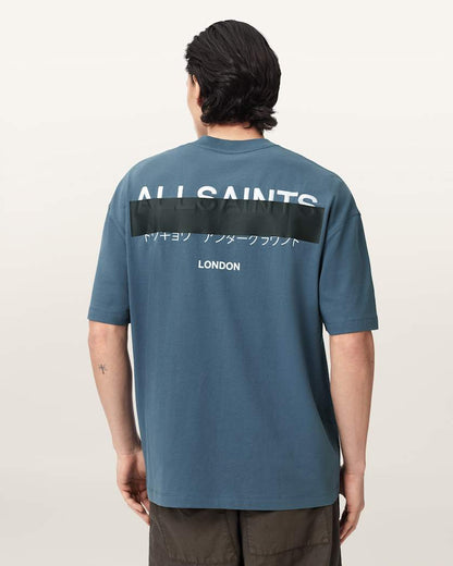 AllSaints Redact Oversized Embroidered Logo T Shirt Waved Blue