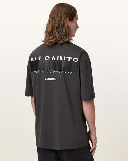 AllSaints Redact Oversized Embroidered Logo T Shirt Waved Blue