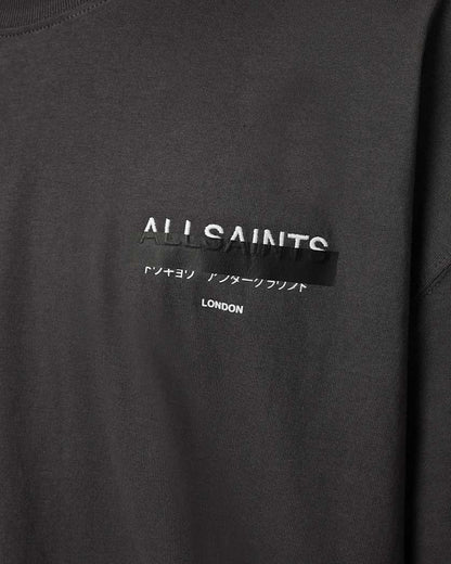 AllSaints Redact Oversized Embroidered Logo T Shirt Waved Blue