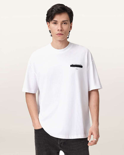AllSaints Redact Oversized Embroidered Logo T Shirt Waved Blue