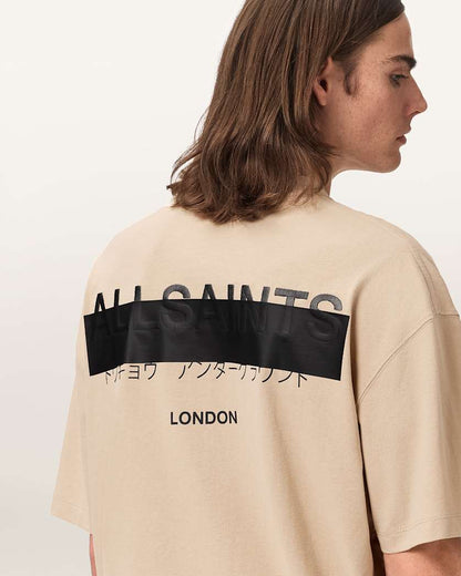 AllSaints Redact Oversized Embroidered Logo T Shirt Waved Blue