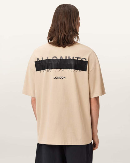 AllSaints Redact Oversized Embroidered Logo T Shirt Waved Blue