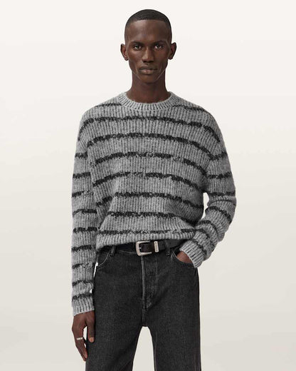 AllSaints Dissolved Crew Neck Striped Sweater Grey/Black