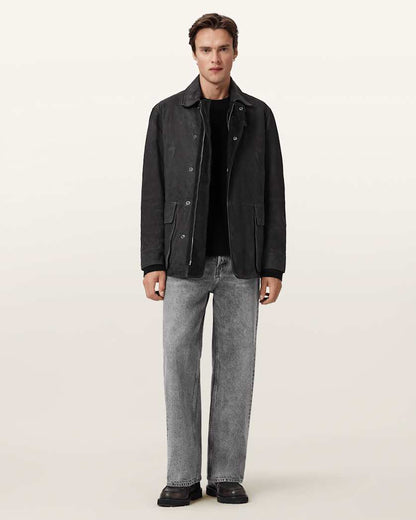 AllSaints Bolton Waxed Suede Coat Washed Black