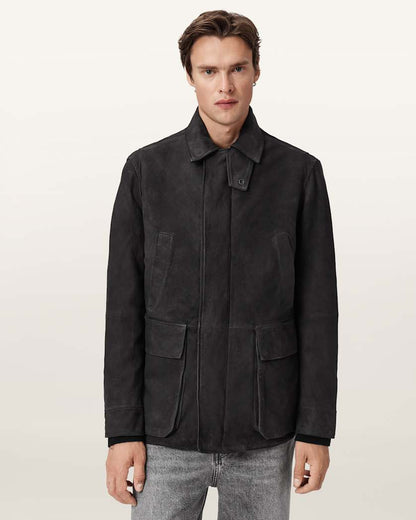 AllSaints Bolton Waxed Suede Coat Washed Black