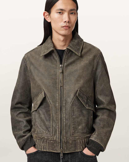 AllSaints Marland Aviator Leather Jacket Black/Beige