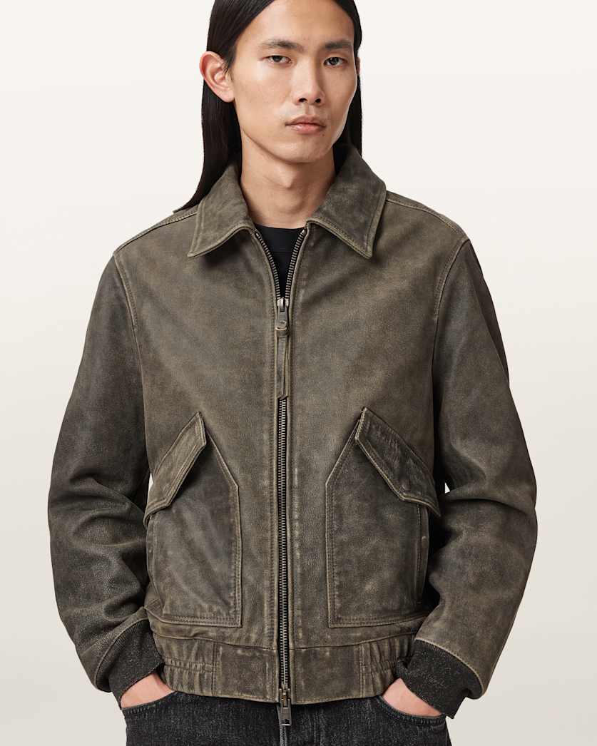 AllSaints Marland Aviator Leather Jacket Black/Beige