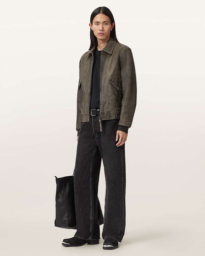 AllSaints Marland Aviator Leather Jacket Black/Beige
