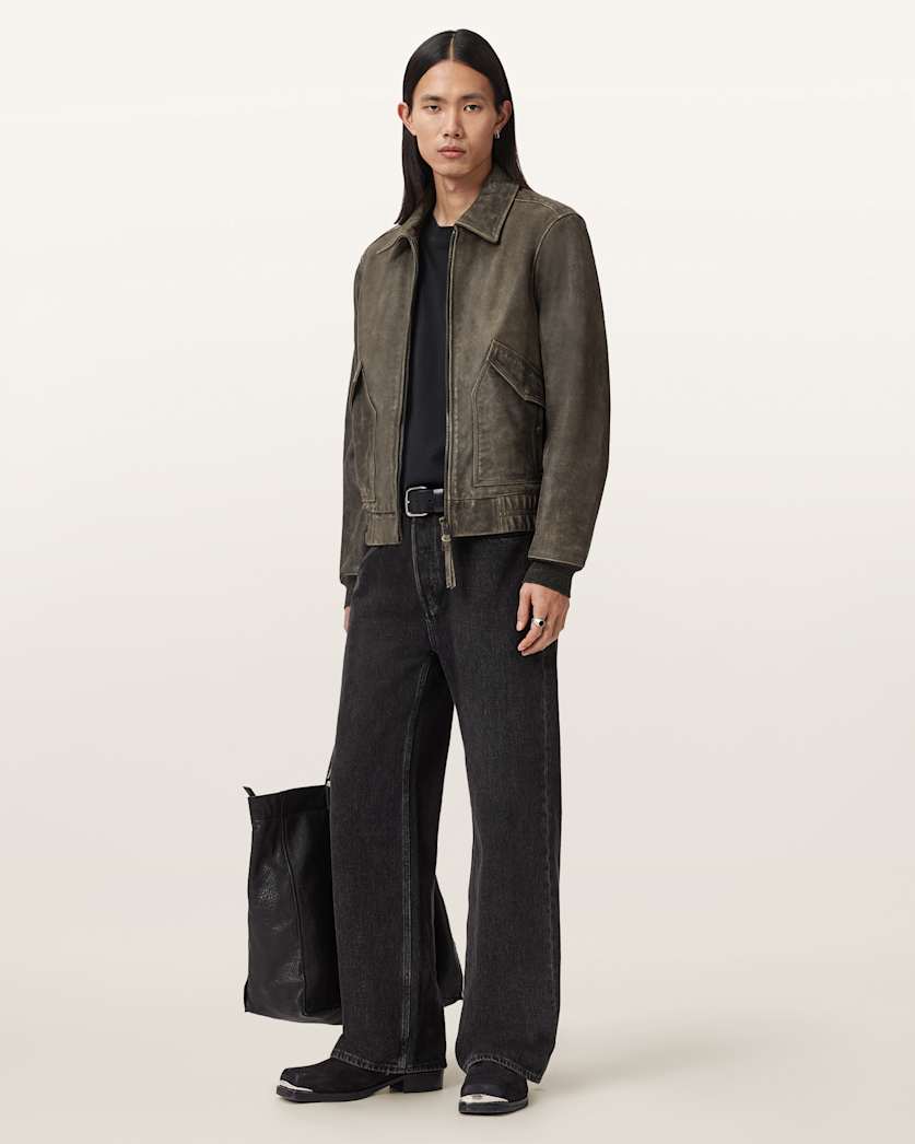 AllSaints Marland Aviator Leather Jacket Black/Beige