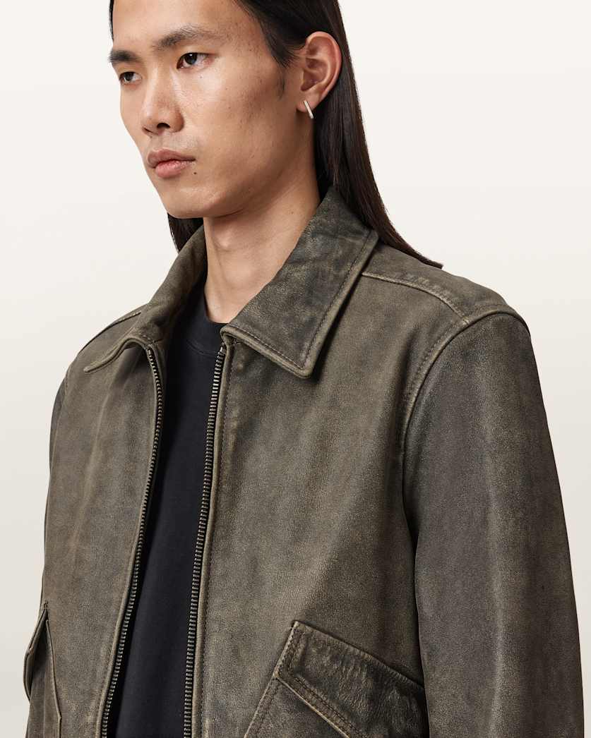 AllSaints Marland Aviator Leather Jacket Black/Beige