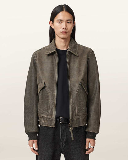 AllSaints Marland Aviator Leather Jacket Black/Beige